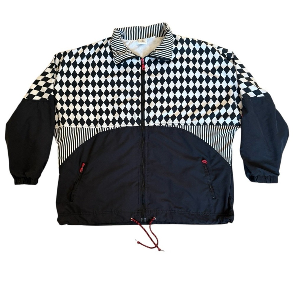 Le Coq Sportif Vintage Windbreaker Jacket Mens Large Black White Checkerboard